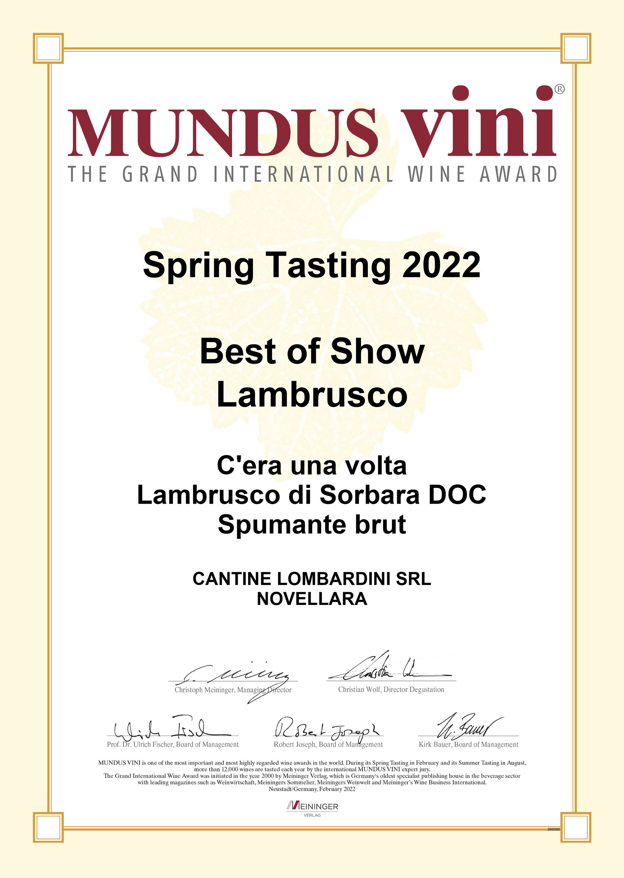 MUNDUS VINI - Medaglia "Best of Show" SPRINGTASTING 2022 - Lombardini Vini