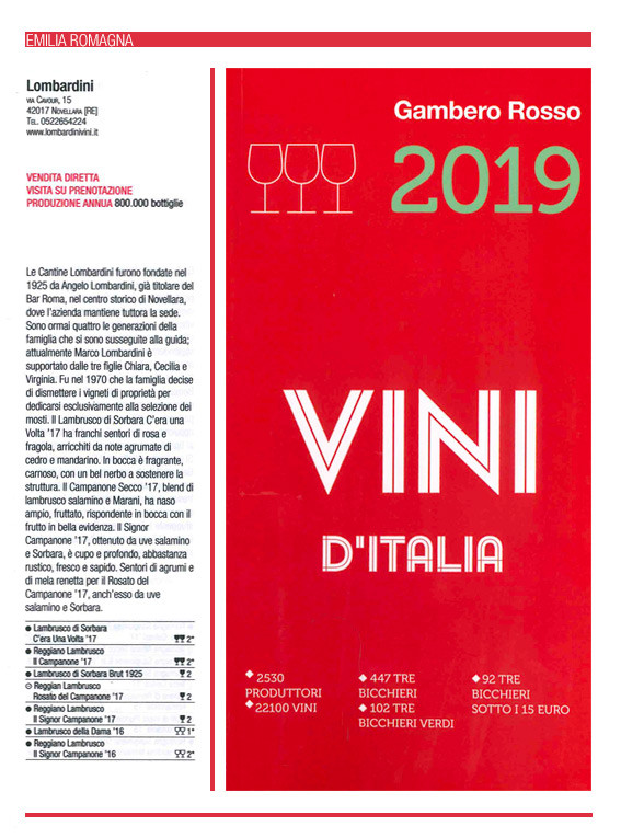 Cantine Lombardini sulla Guida Vini d’Italia 2018 del Gambero Rosso