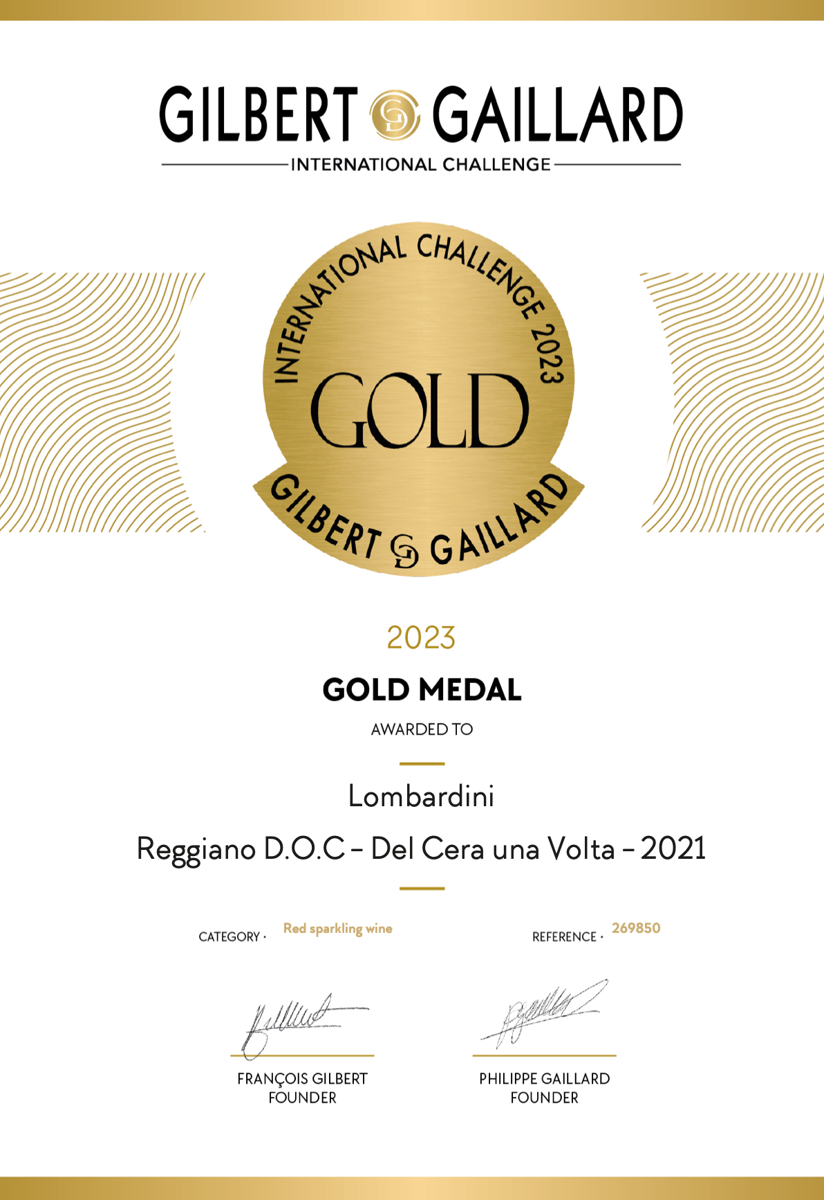 Medaglie d'oro al Concours International Gilbert e Gaillard 2023 - Lombardini Vini